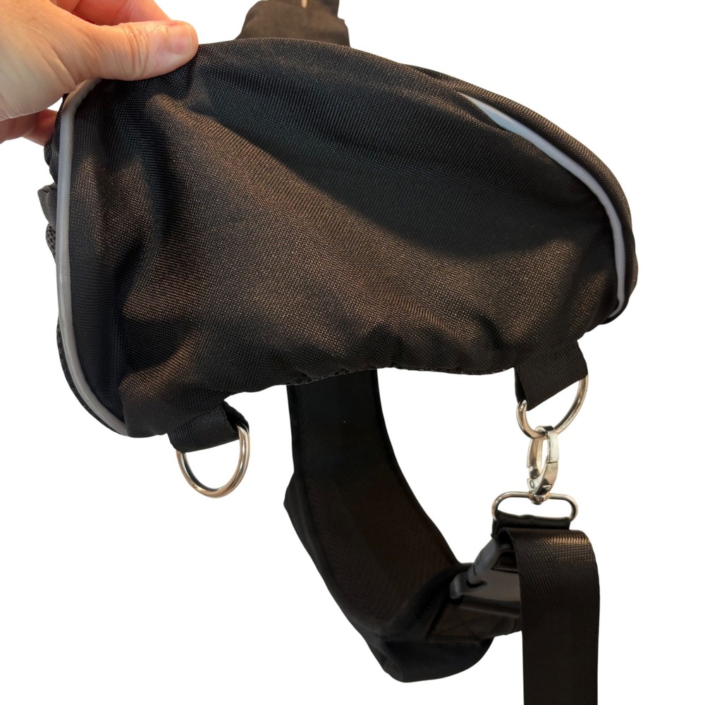 Black Sling Backpack Single Strap Crossbody Bag Reflective Trim Travel Daypack - Picture 5 of 10